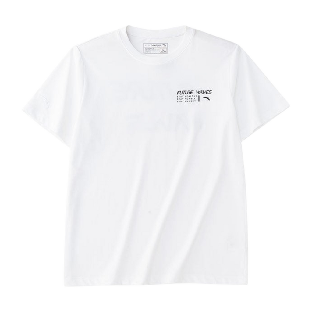 FRG white short sleeve cotton t-shirt featuring a small black Future Waves graphic on the chest