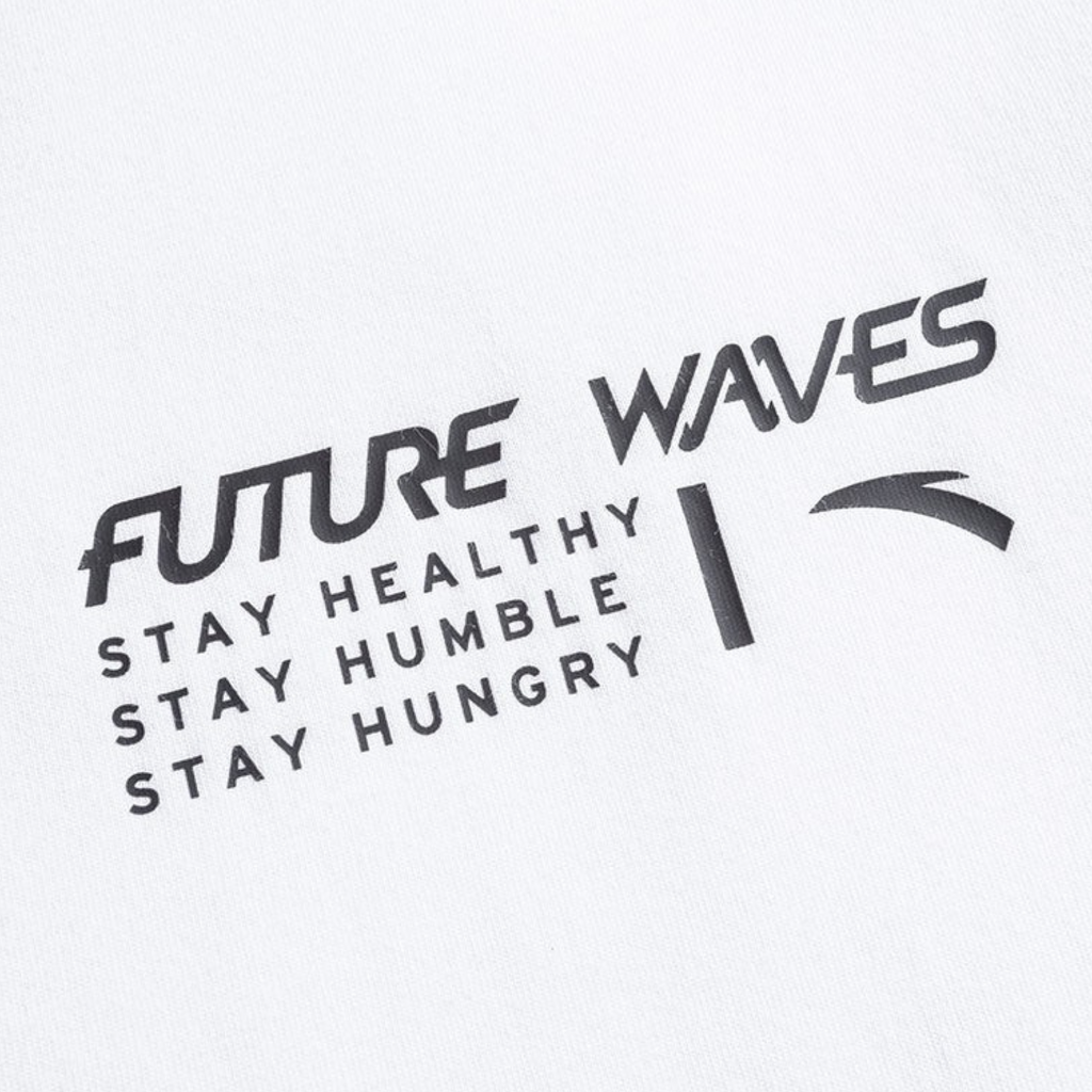 FRG white short sleeve t-shirt featuring black Future Waves graphic print with Stay Healthy Humble Hungry text