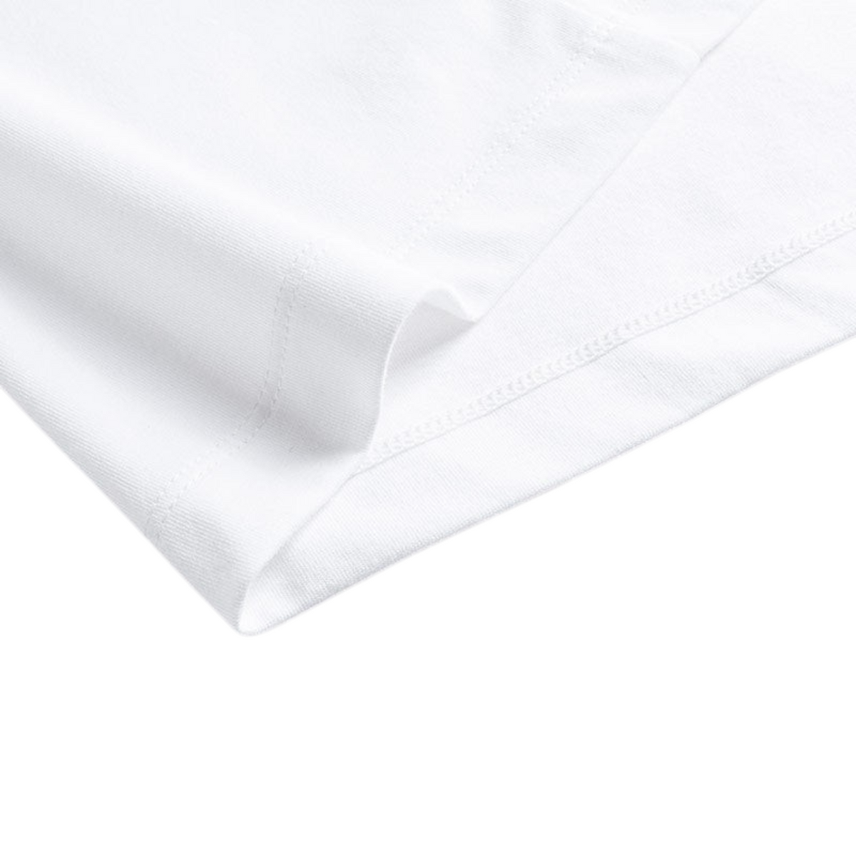 Close-up of the hem and fabric texture of a white FRG SS TEE made from soft cotton.