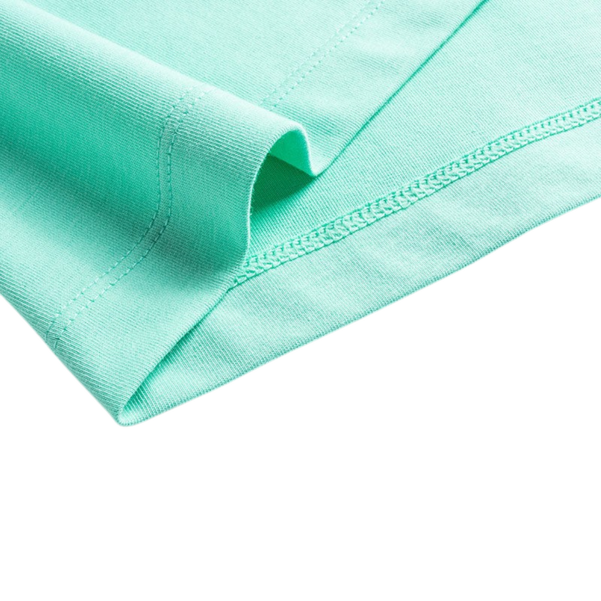 Close-up of the mint green hem and stitching on a FRG SS TEE short sleeve shirt made of soft cotton fabric.