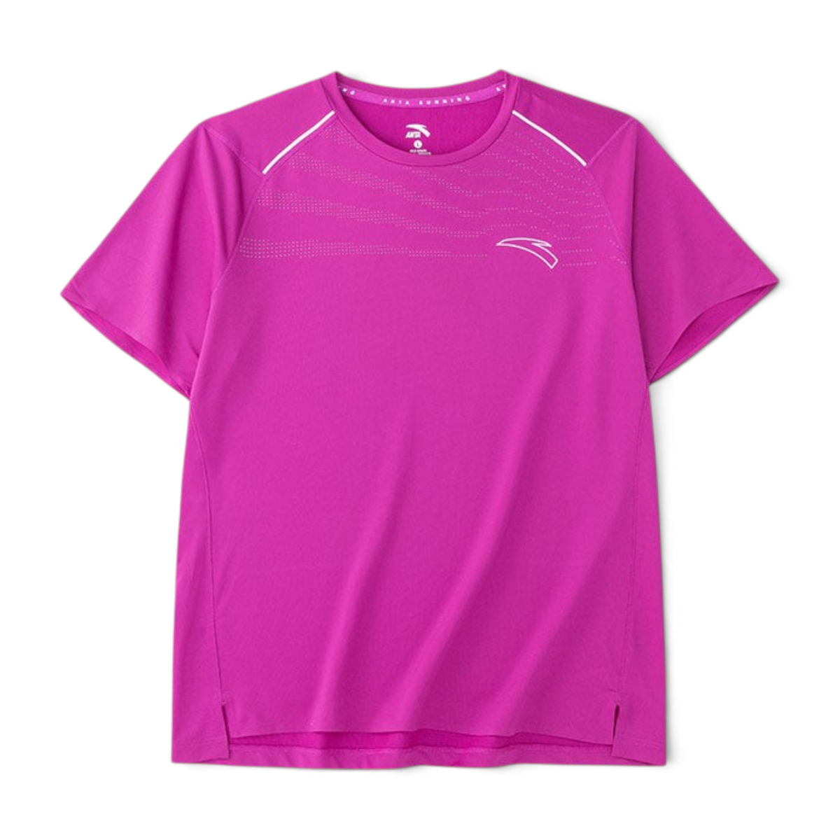 FRG ANTA A-Cross purple short sleeve running t-shirt with moisture-wicking fabric and reflective detailing.
