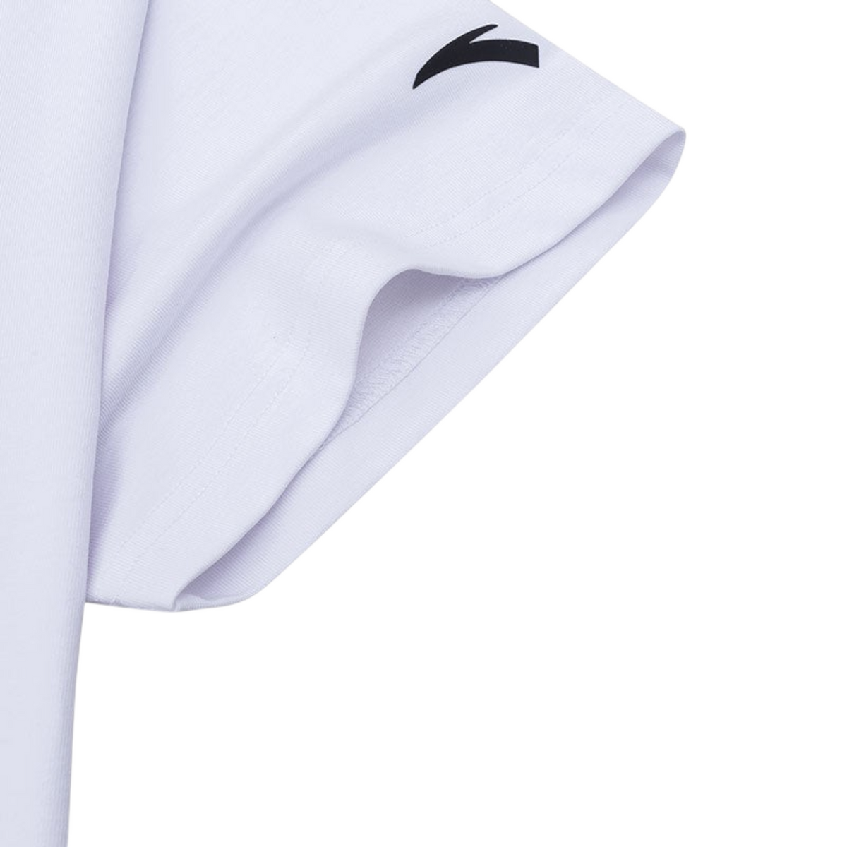 FRG ANTA white basketball short sleeve t-shirt featuring a black logo detail on the sleeve cuff