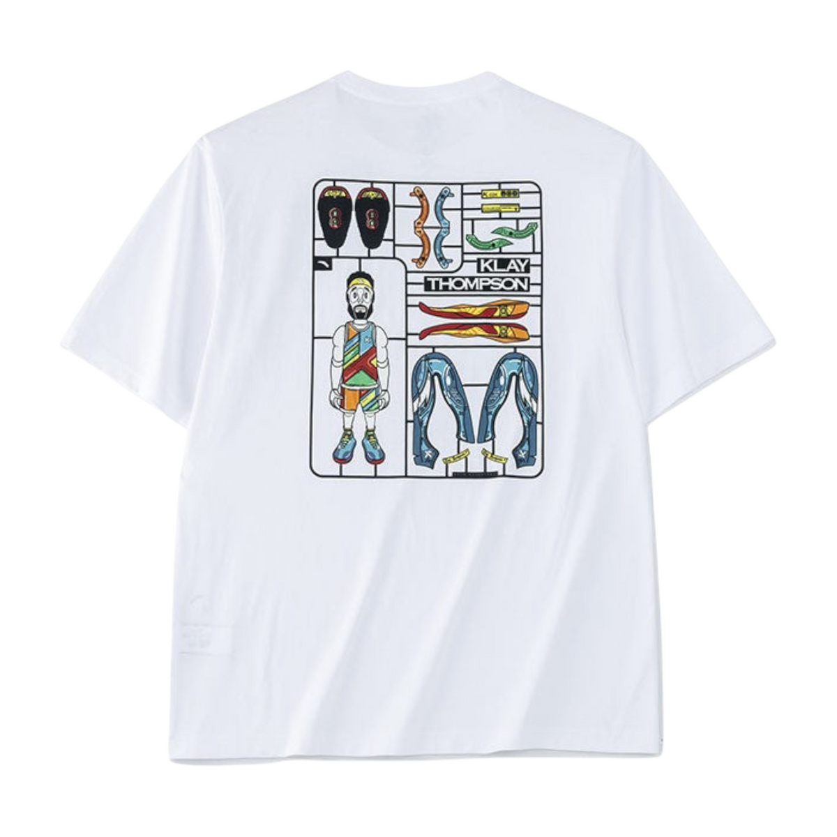 FRG ANTA Doll white short sleeve cotton t-shirt featuring a Klay Thompson basketball action figure model kit graphic