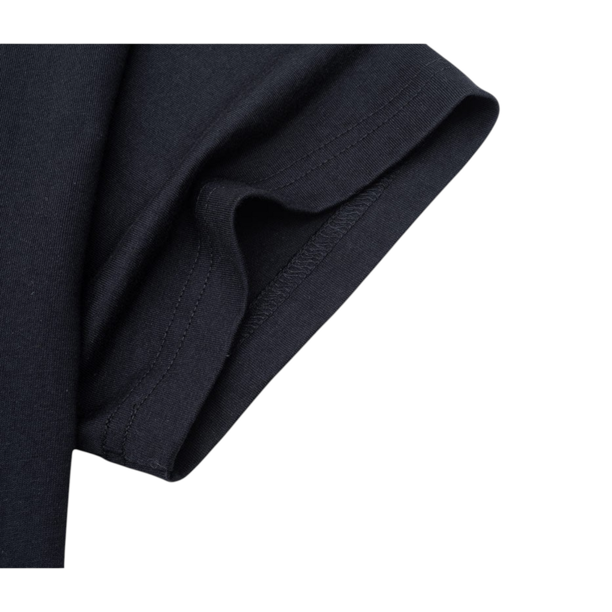 Close-up of the black cotton sleeve on an FRG ANTA Doll short sleeve t-shirt showing the fabric texture and stitching.