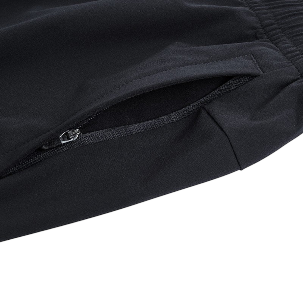 FRG ANTA Splash Express black woven athletic shorts featuring a secure zippered pocket and comfortable elastic waist.