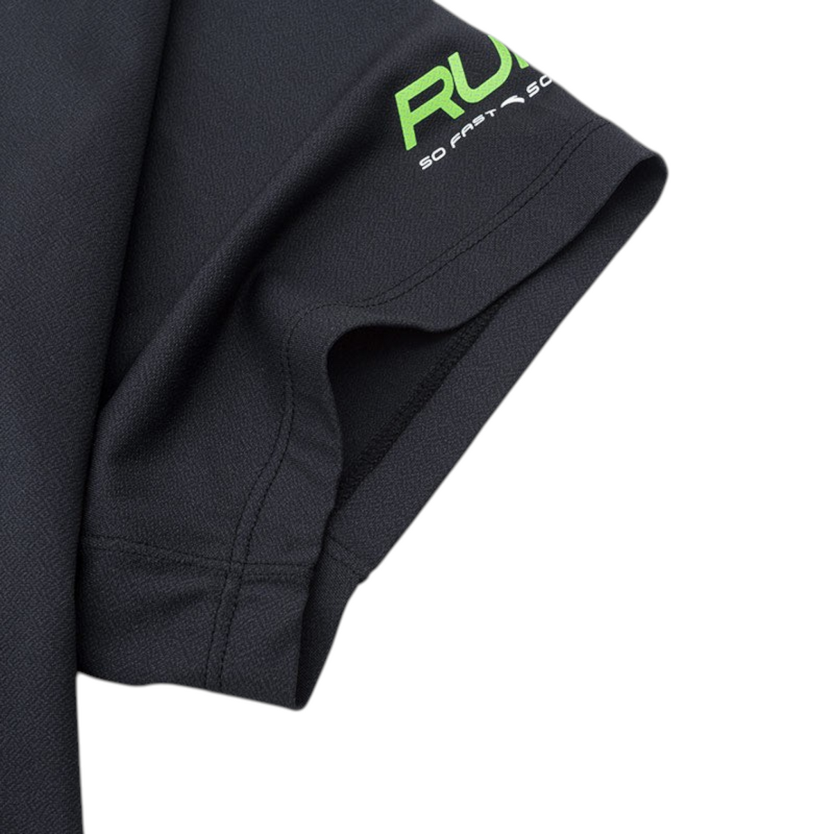 FRG ANTA A-Chill Touch black running t-shirt sleeve with green RUN SO FAST SO graphic detail