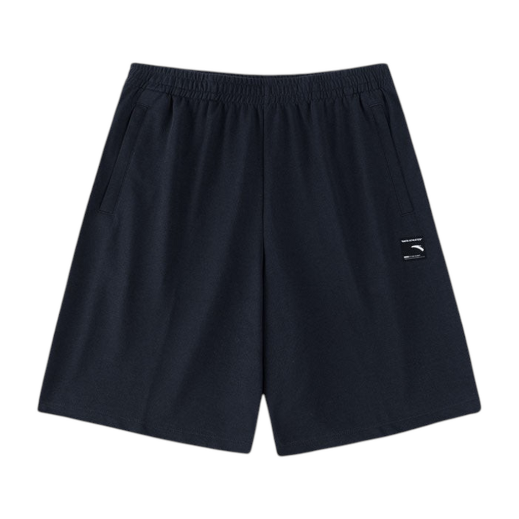 FRG navy blue knit half pants with an elastic waistband and a small logo patch on the side