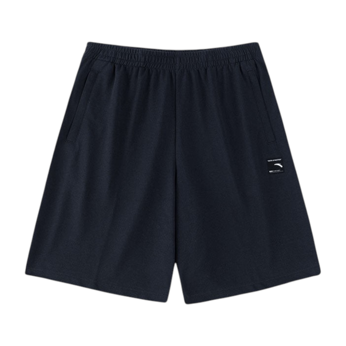 FRG navy blue knit half pants with an elastic waistband and a small logo patch on the side