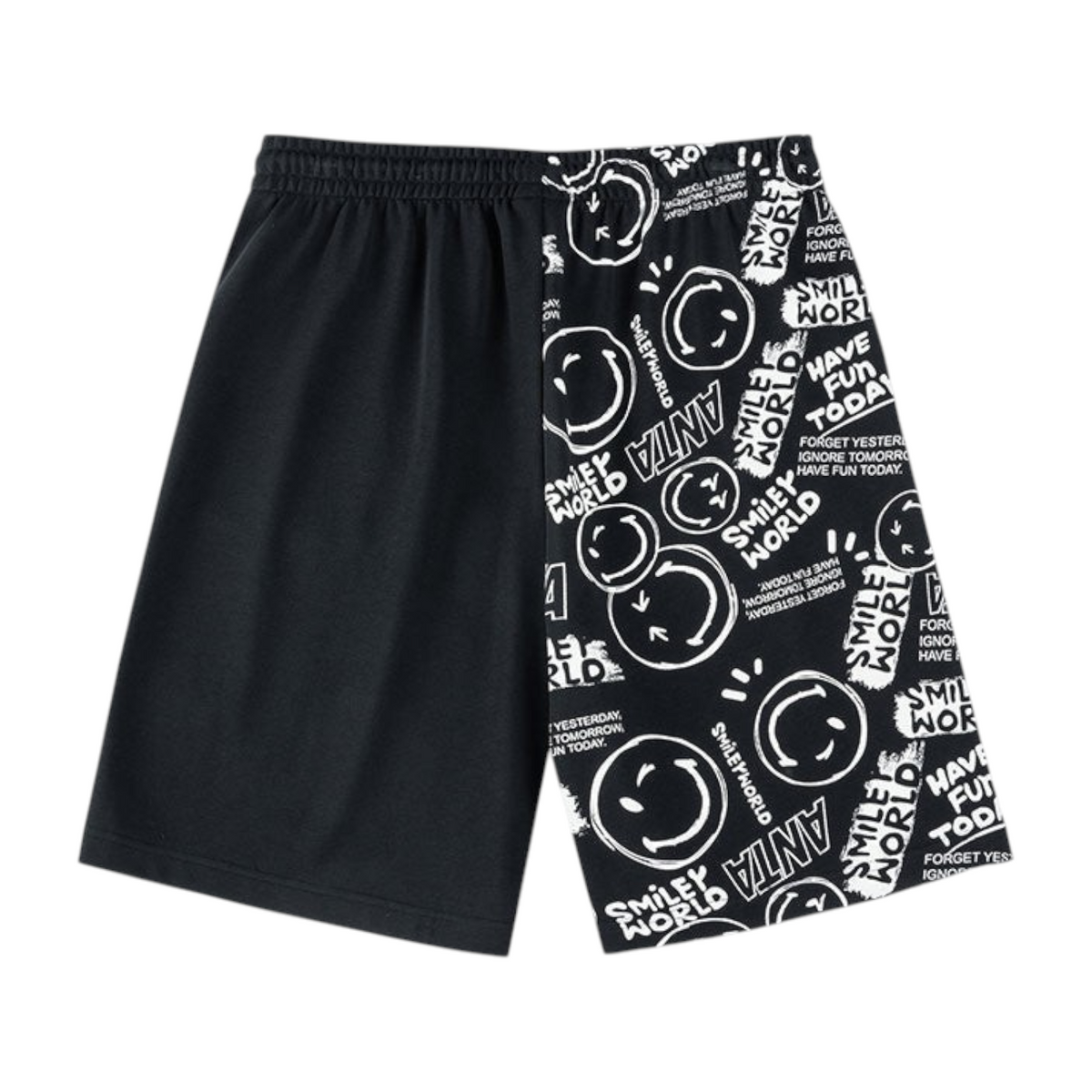 FRG ANTA knit half pants in black featuring a split design with a solid side and a Smiley World graphic print side.