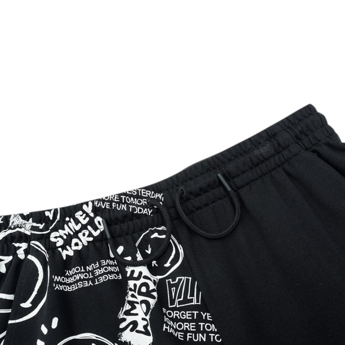 FRG ANTA black knit shorts featuring a white Smiley World graphic print and an adjustable drawstring waistband.