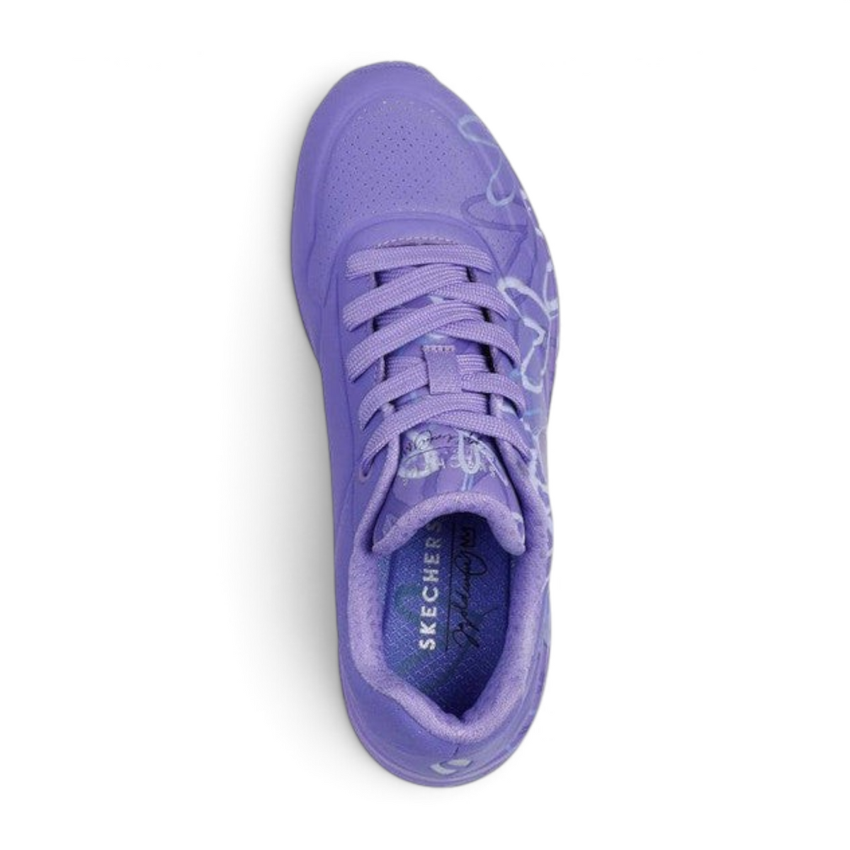 FRG Skechers Street Uno Spread the Love purple wedge sneaker with heart print pattern and lace-up closure