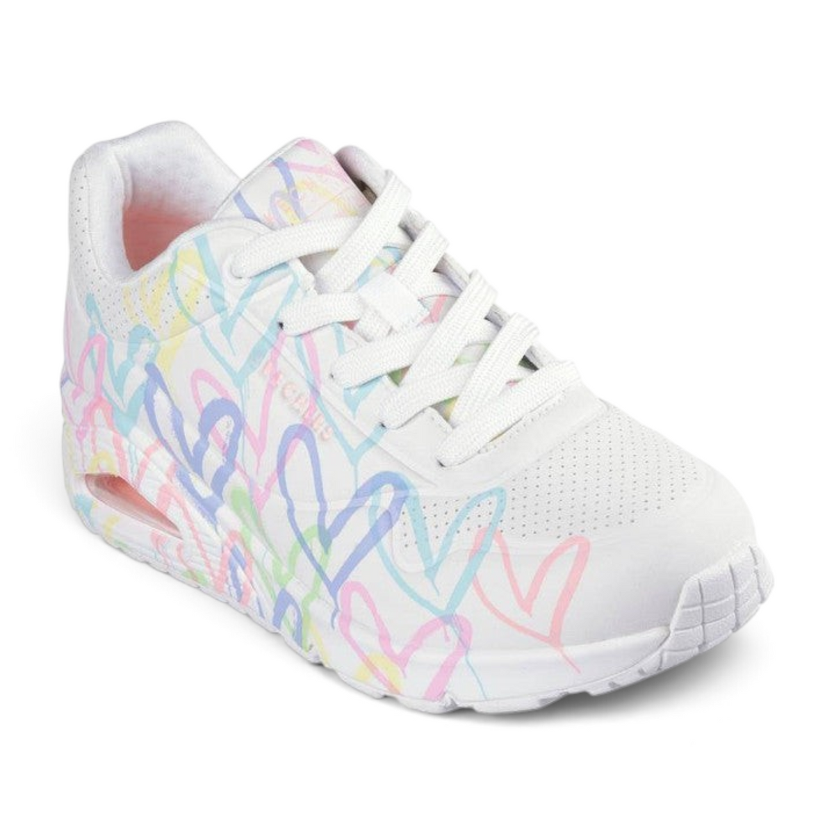 FRG Skechers Uno platform sneaker in white with colorful heart print from the JGoldcrown collaboration
