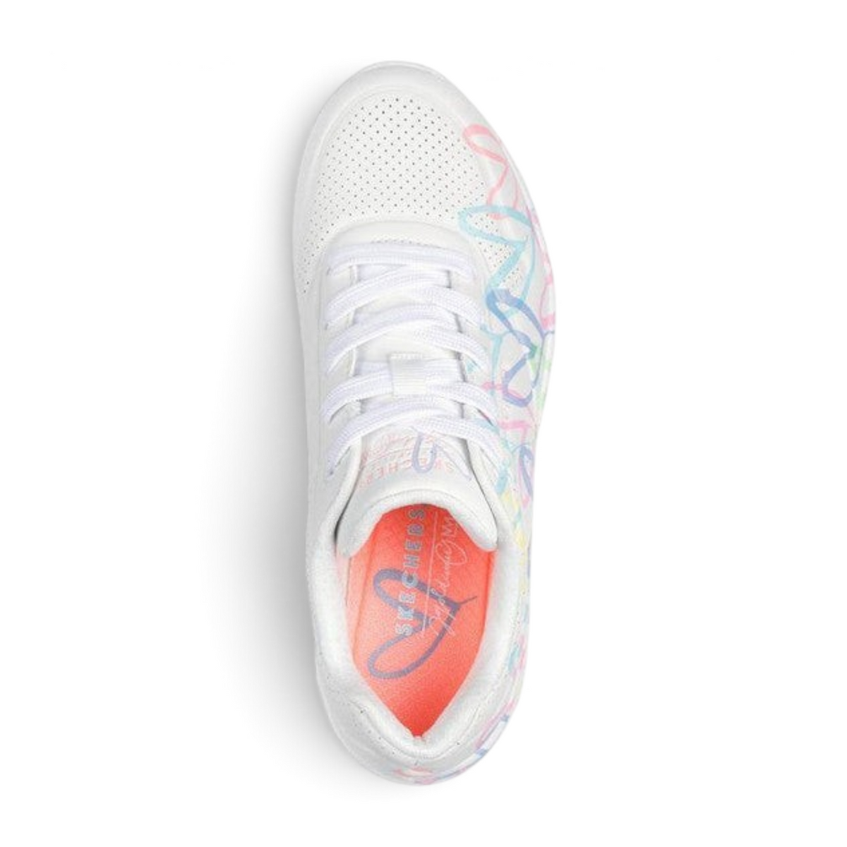 FRG Skechers Uno platform sneaker in white with colorful JGoldcrown heart print, top-down view