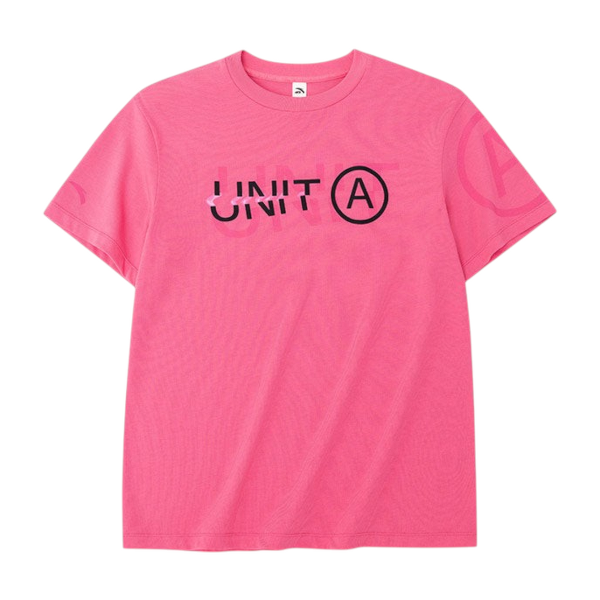 FRG bright pink short sleeve cotton t-shirt featuring a black Unit A graphic print on the chest