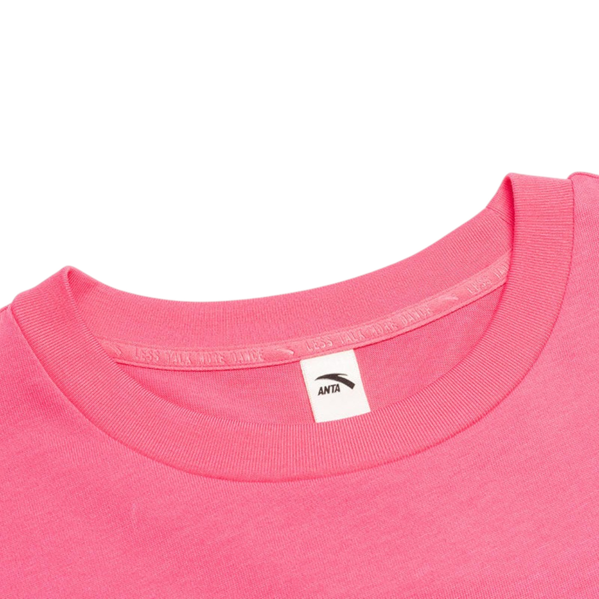 FRG SS TEE in bright pink cotton with a crew neck and interior neck tape featuring Less Talk More Dance text