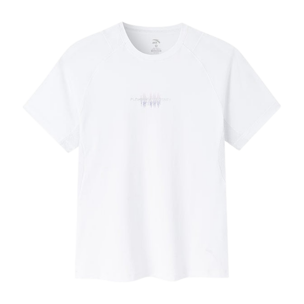 FRG white short sleeve athletic t-shirt with a subtle graphic print on the chest and mesh side panels