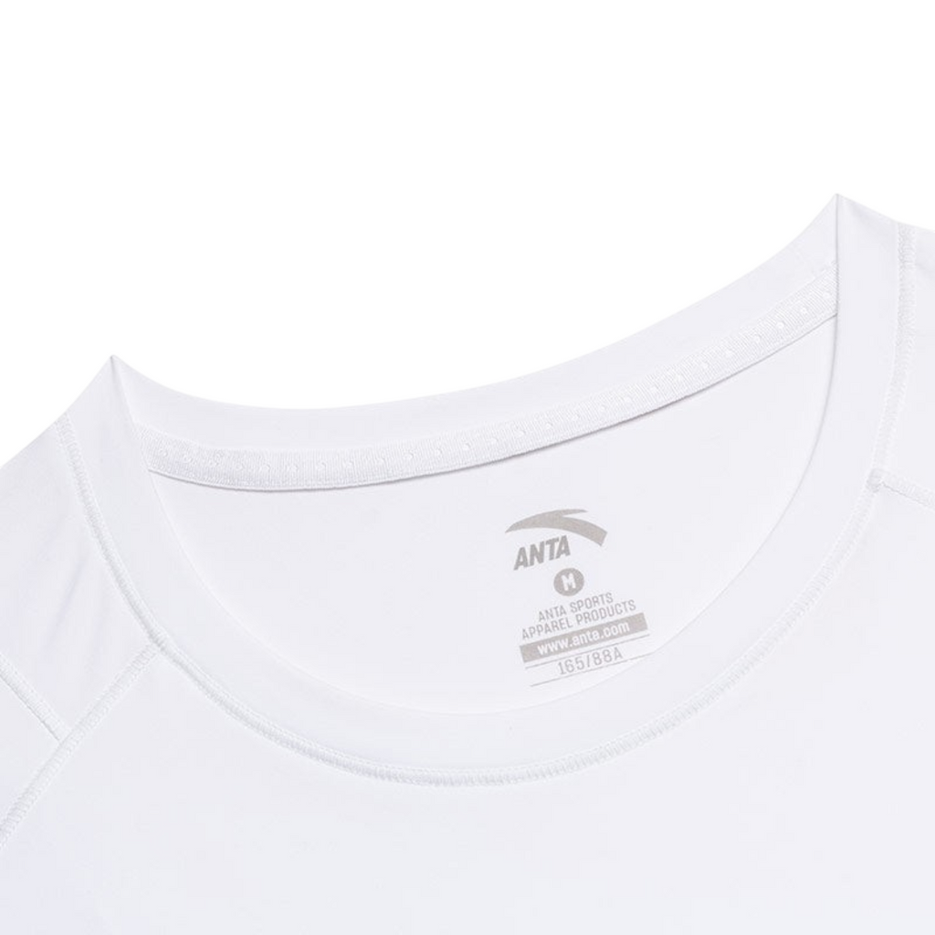 FRG white short sleeve crew neck t-shirt with moisture-wicking athletic fabric and interior branding detail