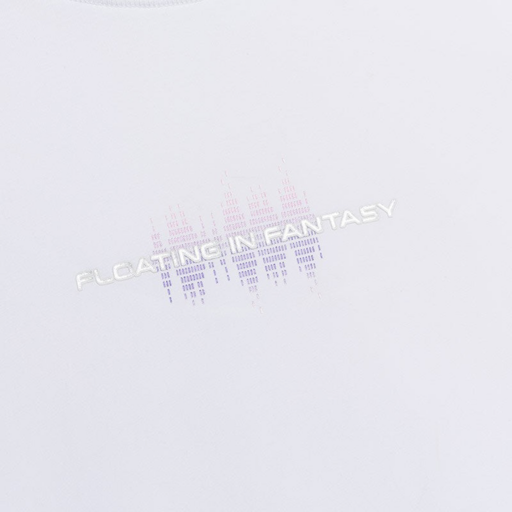 FRG white short sleeve t-shirt featuring a subtle Floating In Fantasy graphic print on the chest