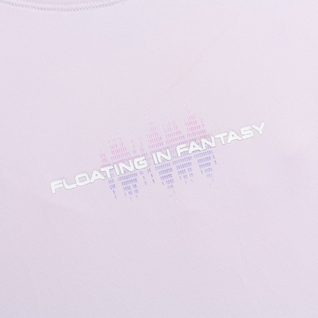 FRG light purple short sleeve t-shirt featuring a white Floating in Fantasy graphic print on the chest
