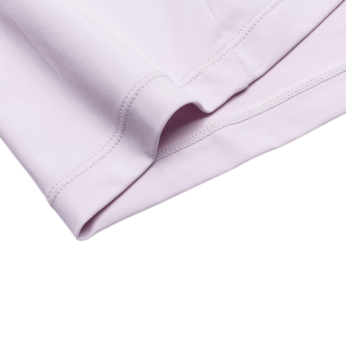 Close-up of the light purple hem and stitching on a FRG SS TEE short sleeve shirt