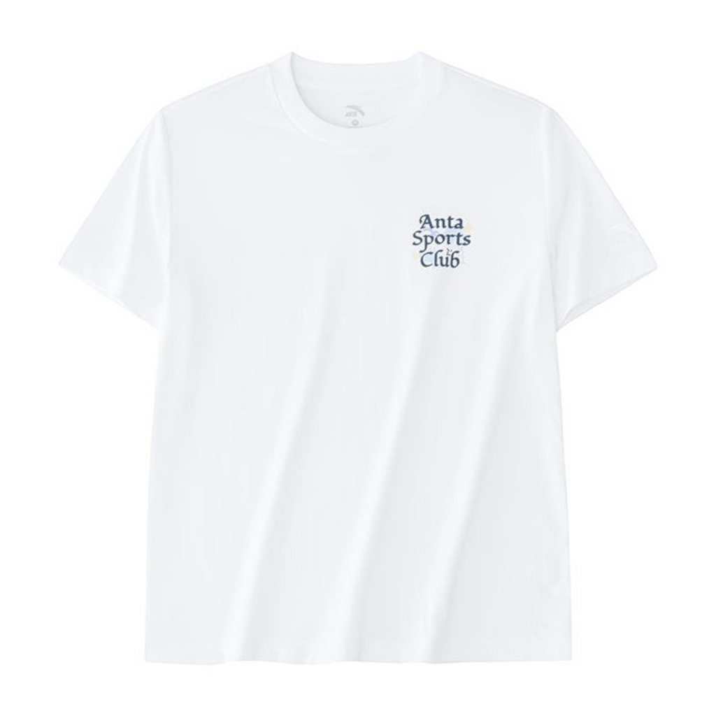 FRG white short sleeve t-shirt featuring Anta Sports Club graphic on the chest