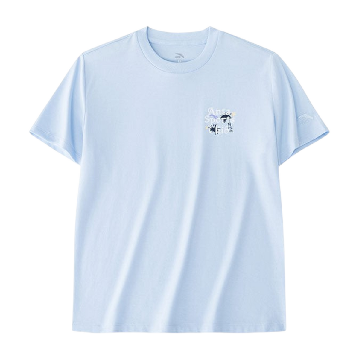 FRG light blue short sleeve crew neck t-shirt with small Anta Sports graphic on the chest