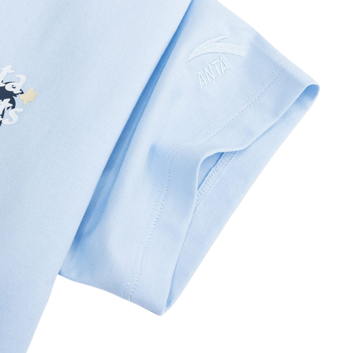 FRG light blue short sleeve t-shirt with white embroidered logo on the sleeve and graphic print on the chest