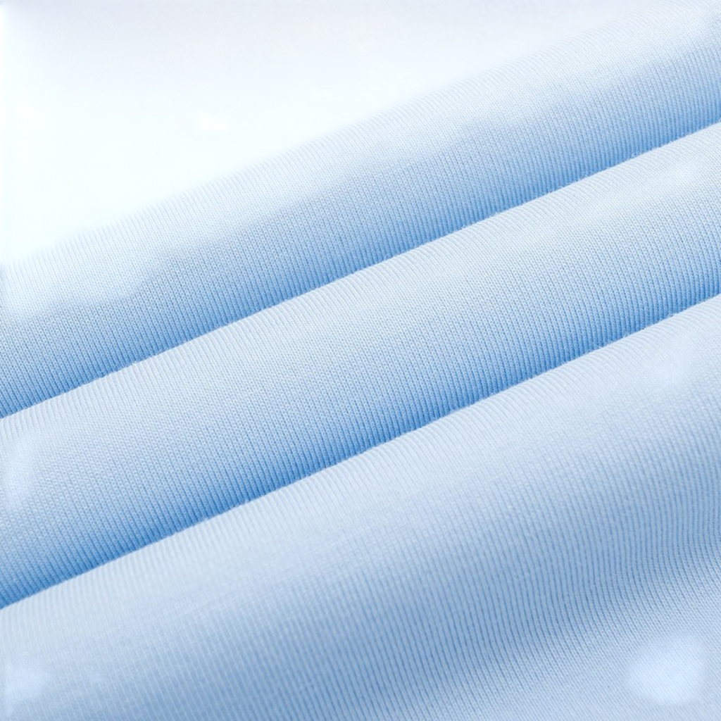 Close-up of light blue cotton fabric texture from a FRG SS TEE showing soft knit detail and folds