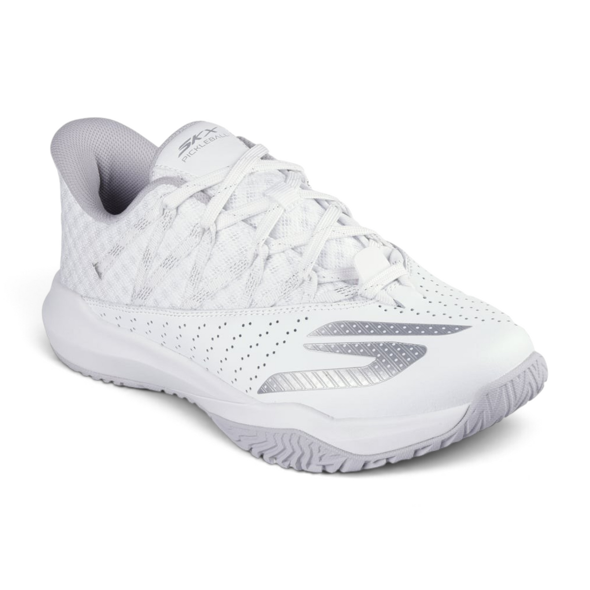 FRG SKECHERS Viper Court Rally white pickleball shoes with breathable mesh, silver accents, and high-traction sole.