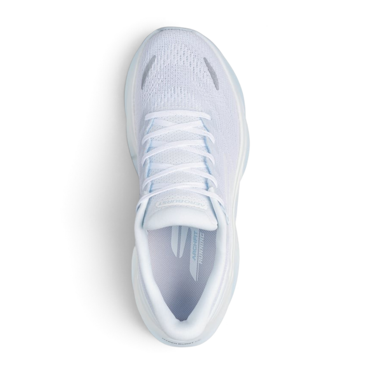 FRG Skechers Aero Burst running shoe in white and light blue with breathable mesh and cushioned midsole, top view.