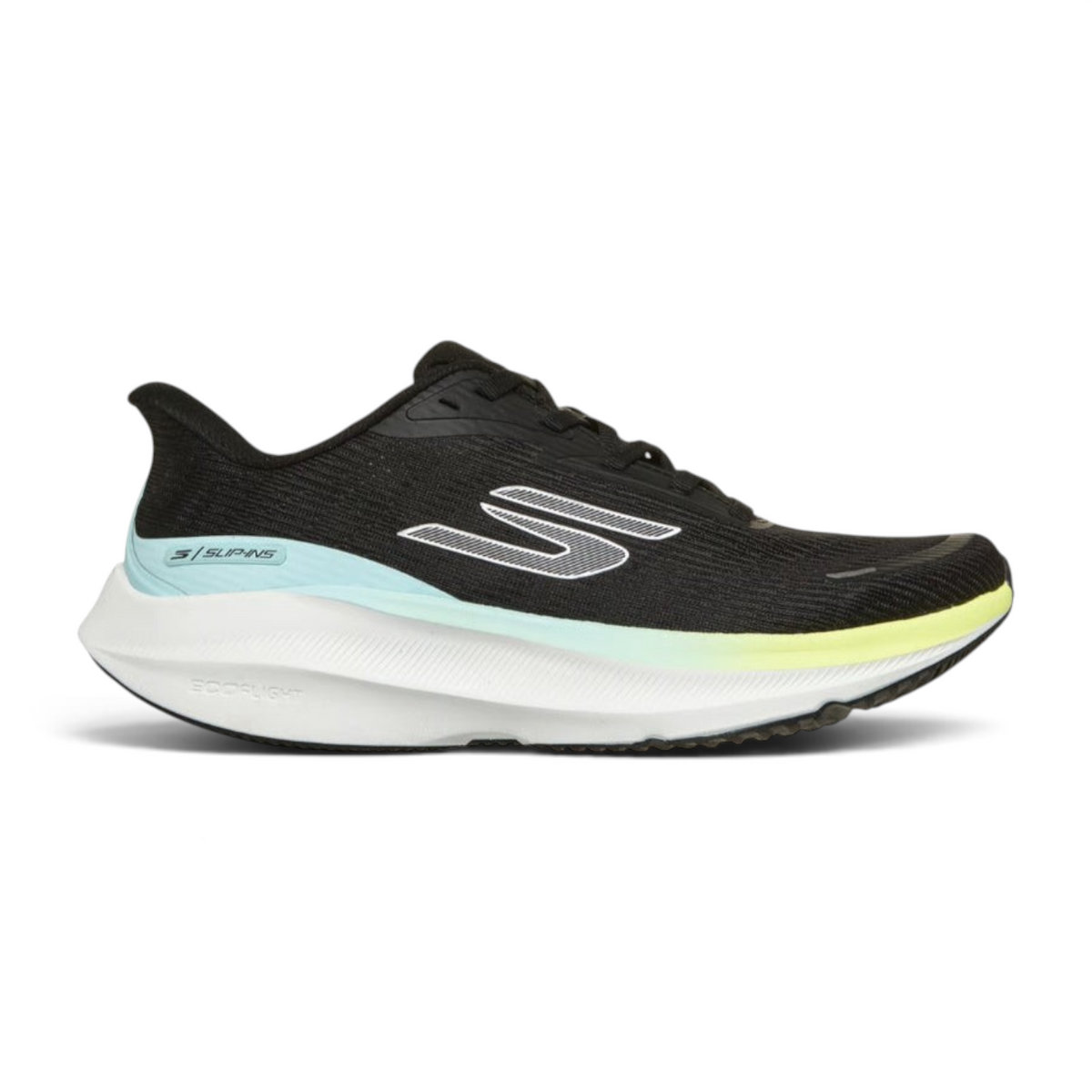 FRG Skechers Slip-ins Aero Pulse running shoe in black with blue and yellow accents and white cushioned sole