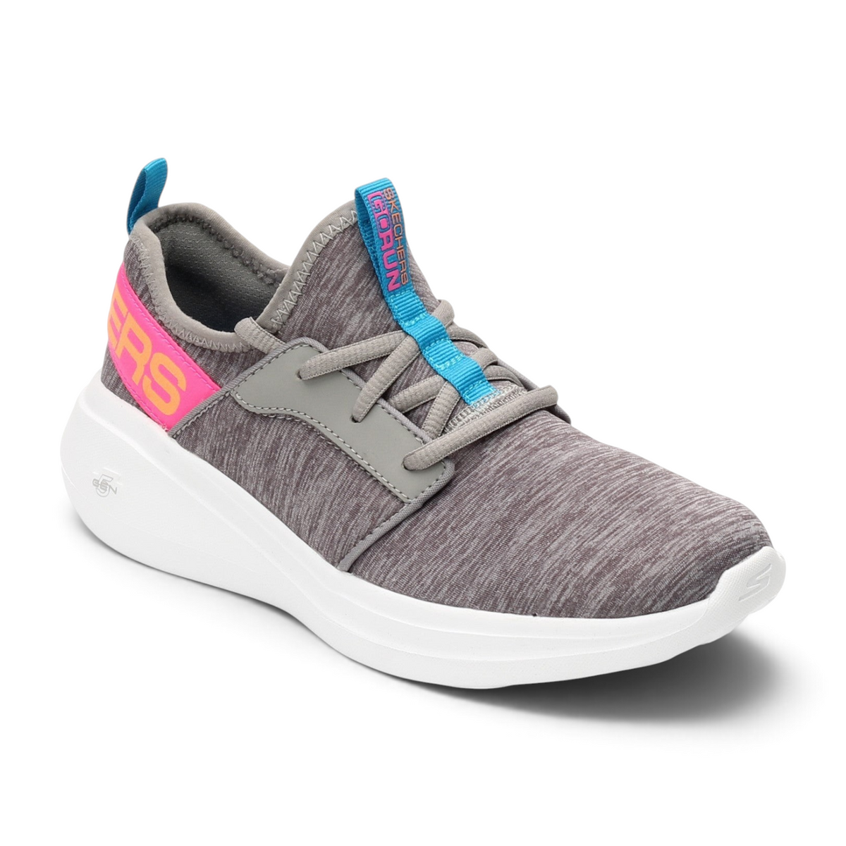 FRG GO RUN FAST grey athletic sneaker with pink heel branding and blue pull tab on a white cushioned sole
