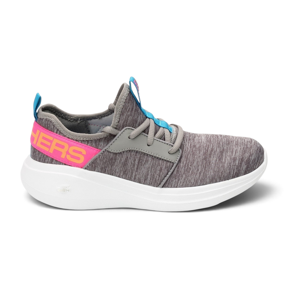 FRG GO RUN FAST grey athletic sneaker with pink heel strap and blue accents on a white cushioned sole