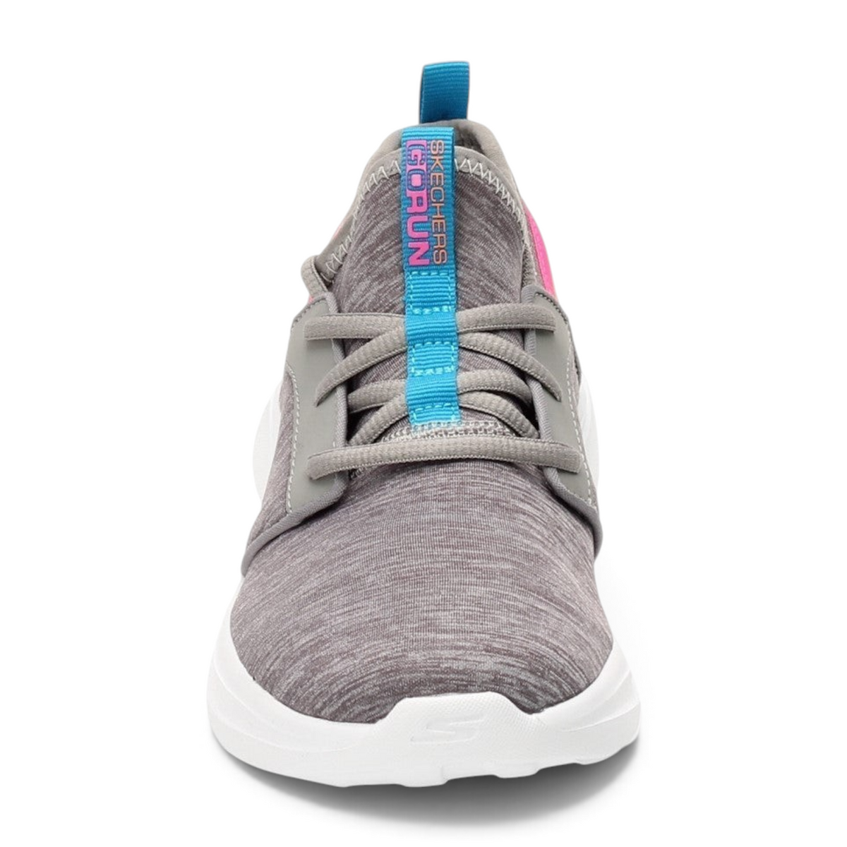 FRG GO RUN FAST grey athletic running shoe with blue pull tab and white cushioned sole