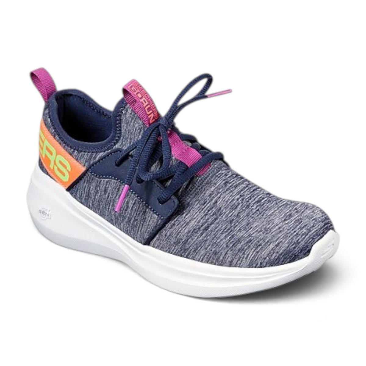 FRG Skechers GOrun Fast athletic trainer in heathered blue knit with pink accents and white cushioned midsole