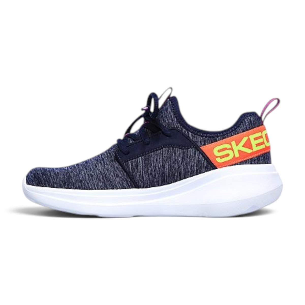 FRG Skechers GO RUN FAST navy heathered knit athletic trainer with bright orange logo and white cushioned midsole
