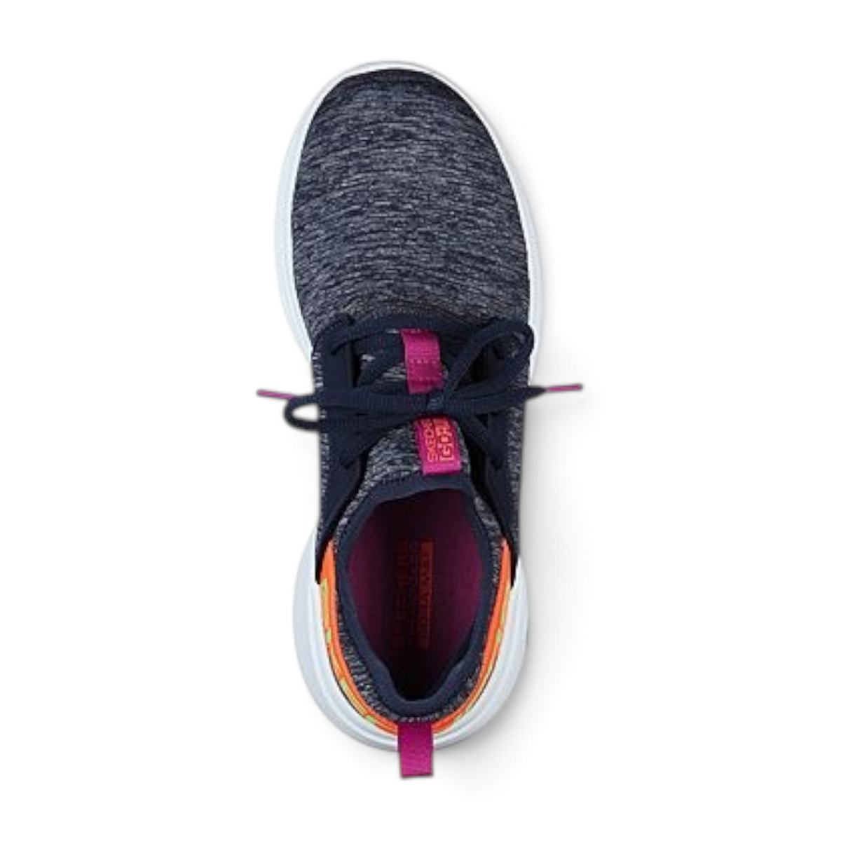 FRG Skechers GOrun Fast athletic shoe in heathered navy knit with pink accents and white cushioned midsole