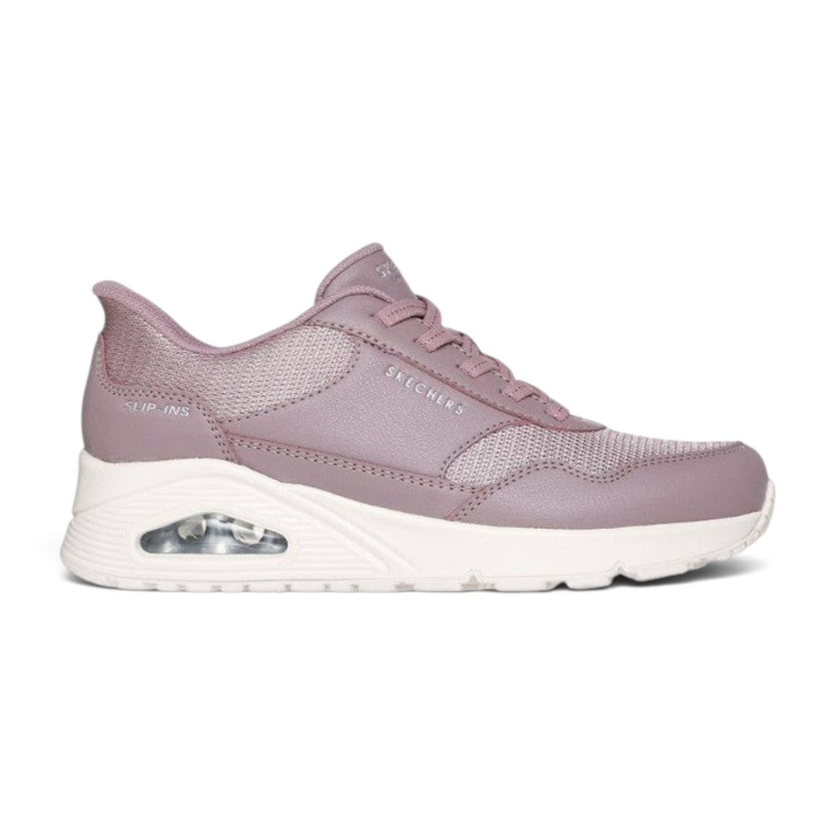 FRG Skechers Uno Banksia mauve duraleather and mesh slip-in sneaker with visible airbag midsole and side view