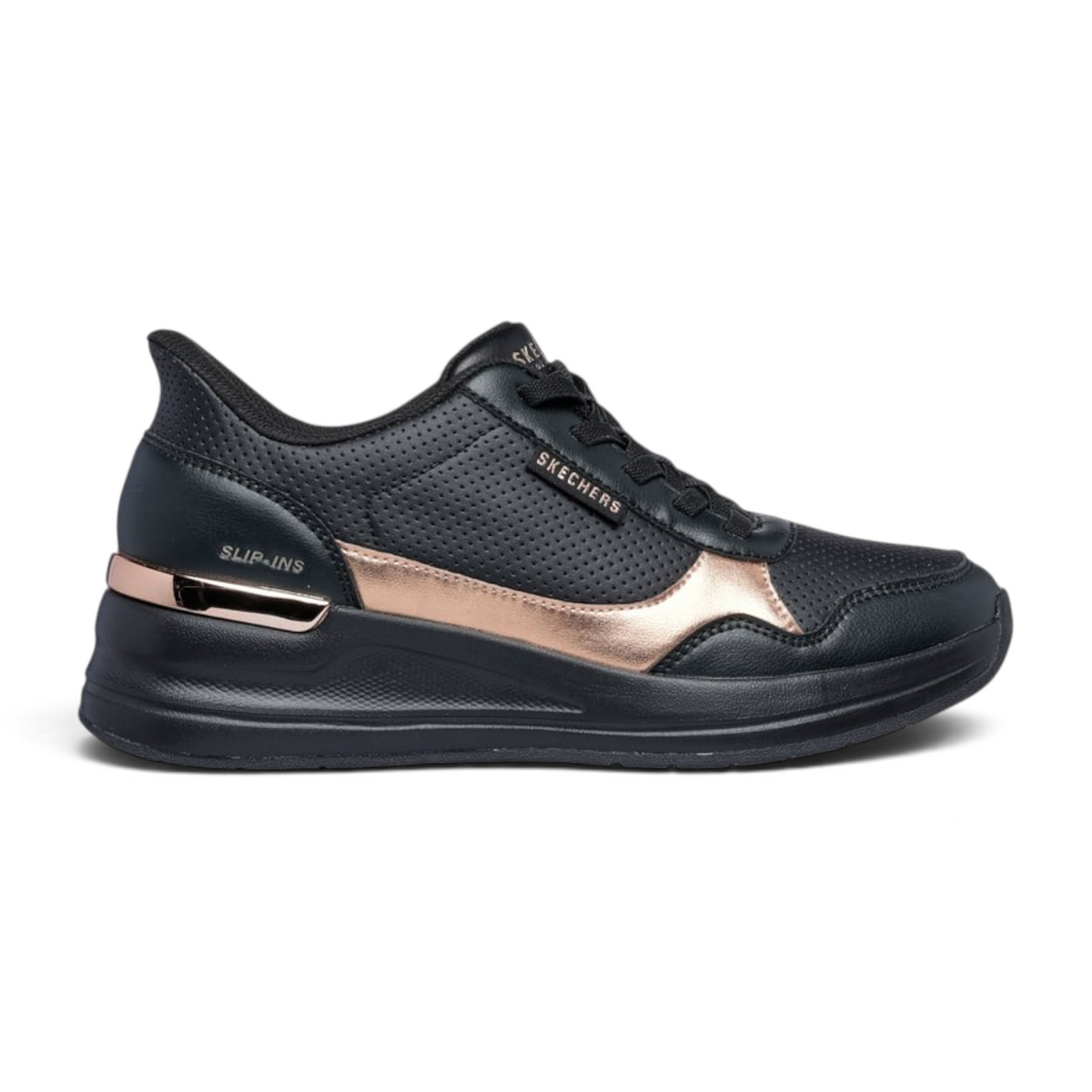 FRG Skechers Billion 2 Top Tier black perforated duraleather slip-on sneaker with metallic rose gold heel detail.