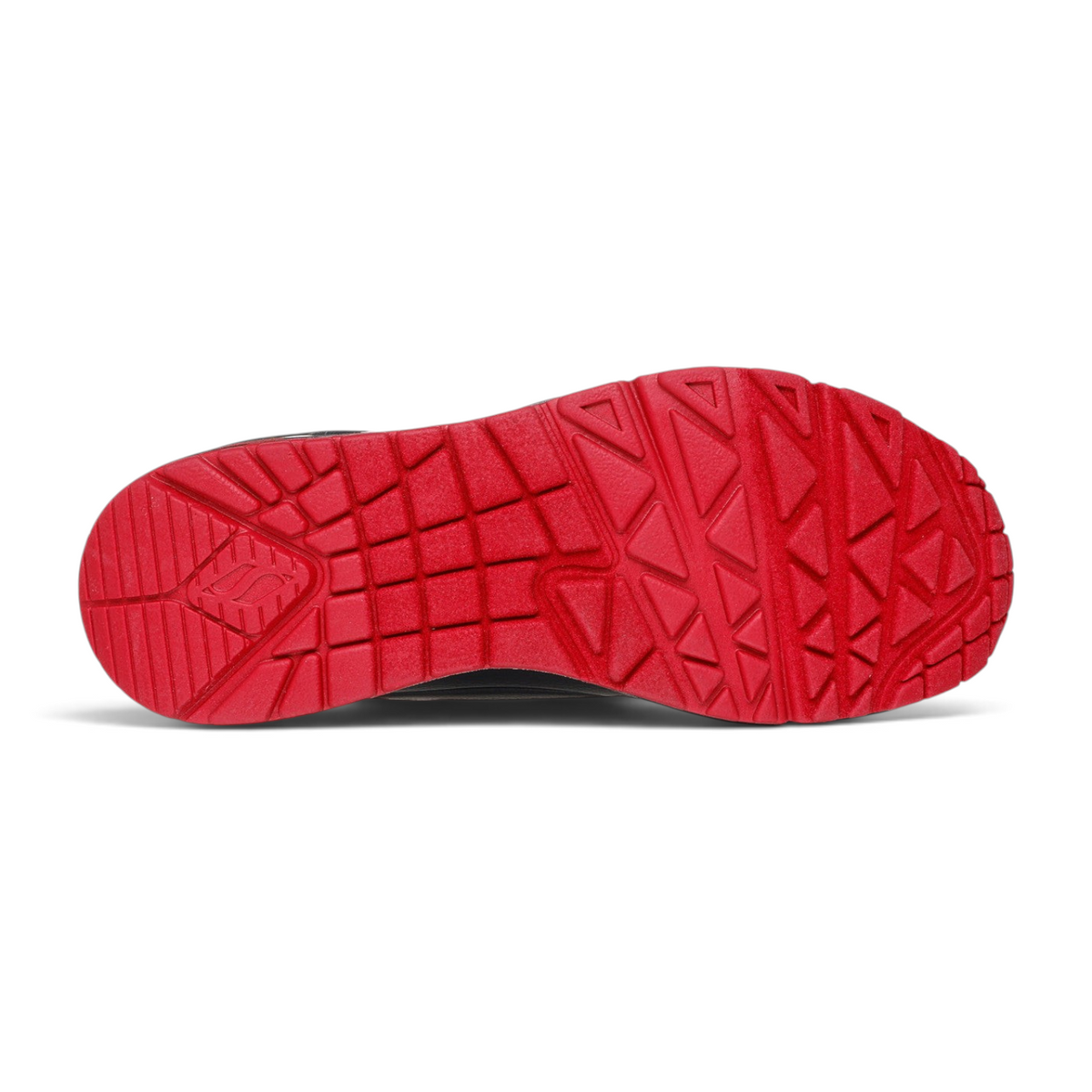 FRG Skechers UNO SPY x FAMILY sneaker showing the bright red rubber outsole with geometric traction pattern
