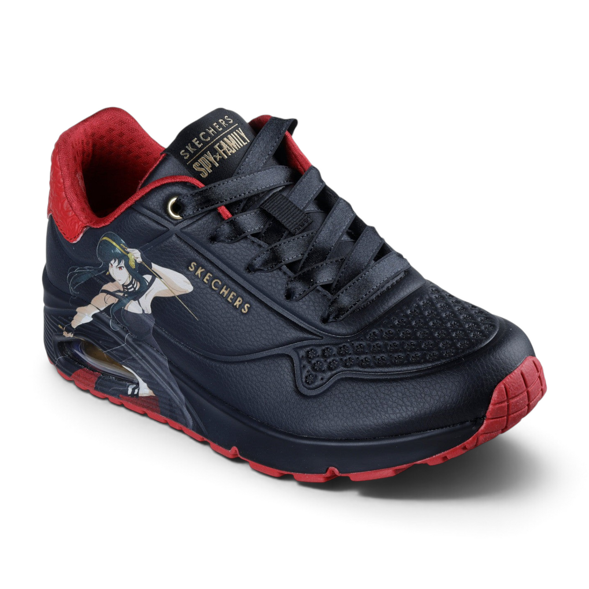 FRG Skechers UNO SPY x FAMILY fashion sneaker in black and red durabuck with Yor Forger character graphic