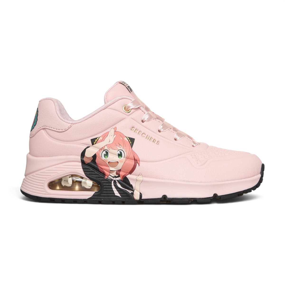FRG Skechers UNO SPY x FAMILY pink durabuck sneakers featuring Anya Forger character graphics and air-cushioned sole