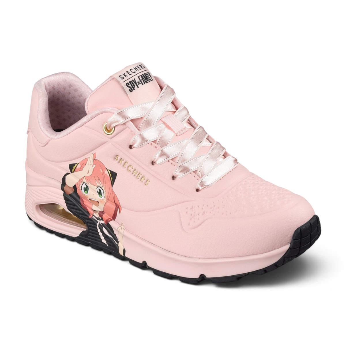 FRG Skechers UNO SPY x FAMILY pink durabuck sneakers featuring Anya Forger character graphics and air-cushioned sole