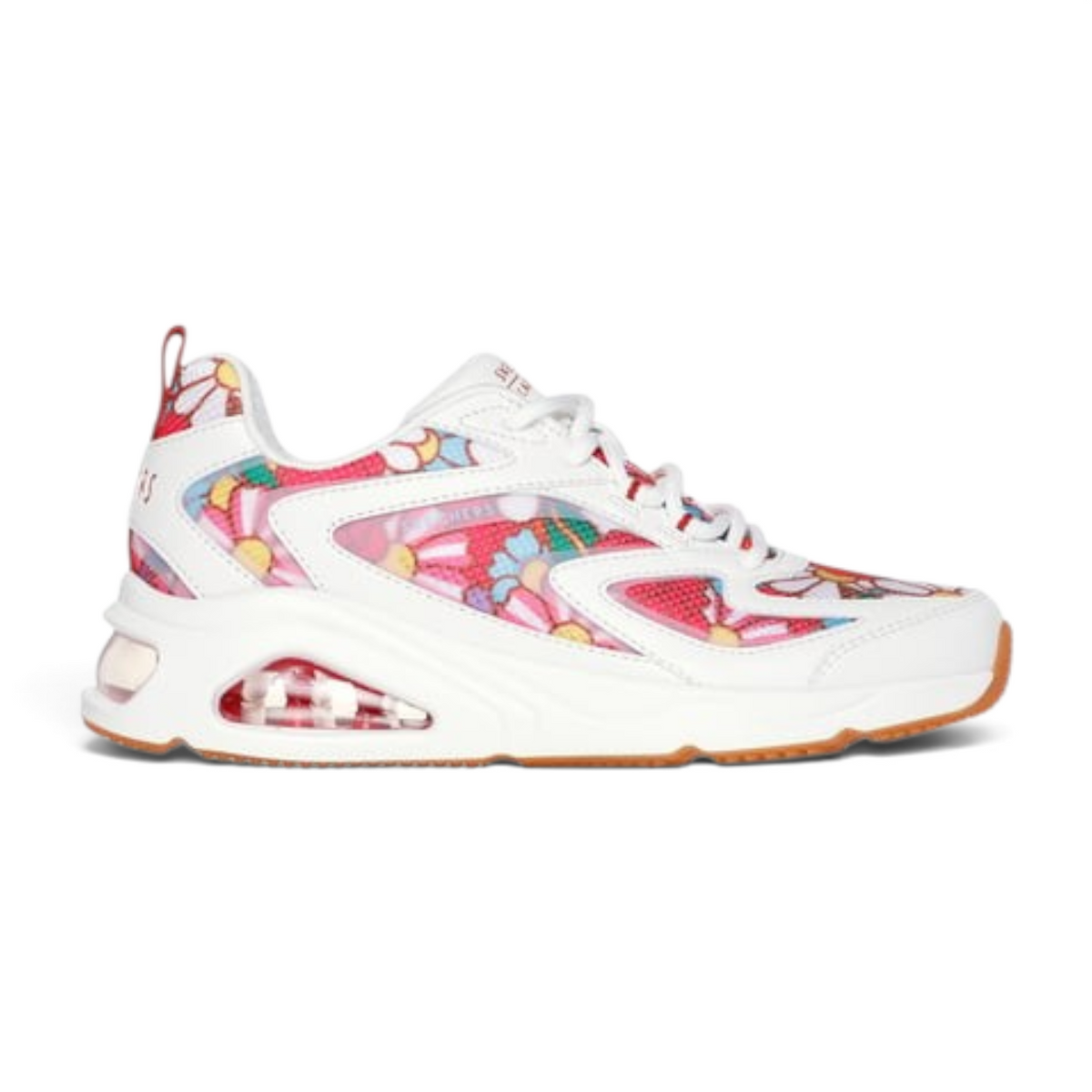 FRG TRES-AIR UNO white sneaker with vibrant floral pattern, mesh panels, and visible air-cushioned heel