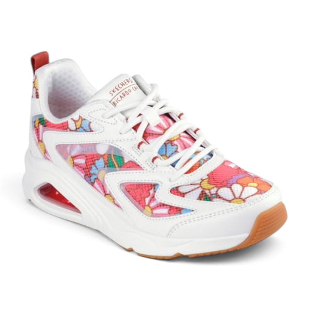FRG TRES-AIR UNO sneaker in white with a vibrant pink and orange floral print, featuring a chunky sole and lace-up.