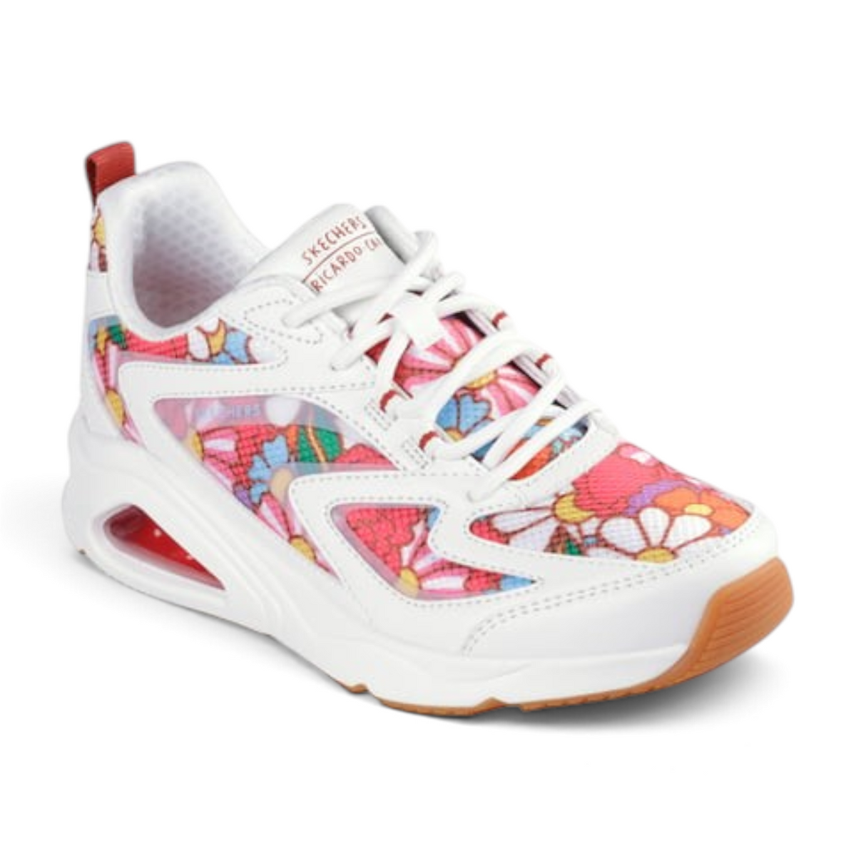 FRG TRES-AIR UNO sneaker in white with a vibrant pink and orange floral print, featuring a chunky sole and lace-up.