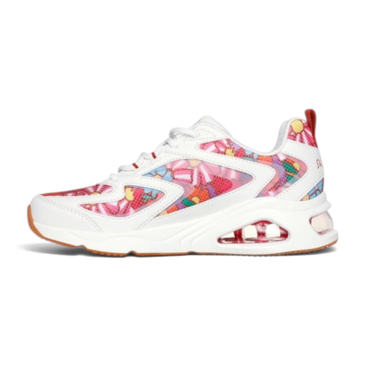 FRG TRES-AIR UNO sneaker in white with a vibrant floral pattern, featuring a chunky sole and visible air cushioning.