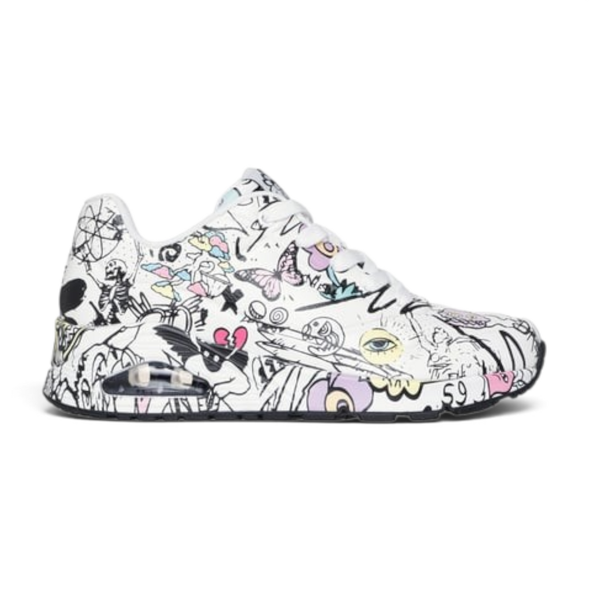 FRG UNO PROCESS SKETCH sneakers featuring a white base with black and pastel graphic doodle prints and air cushioning