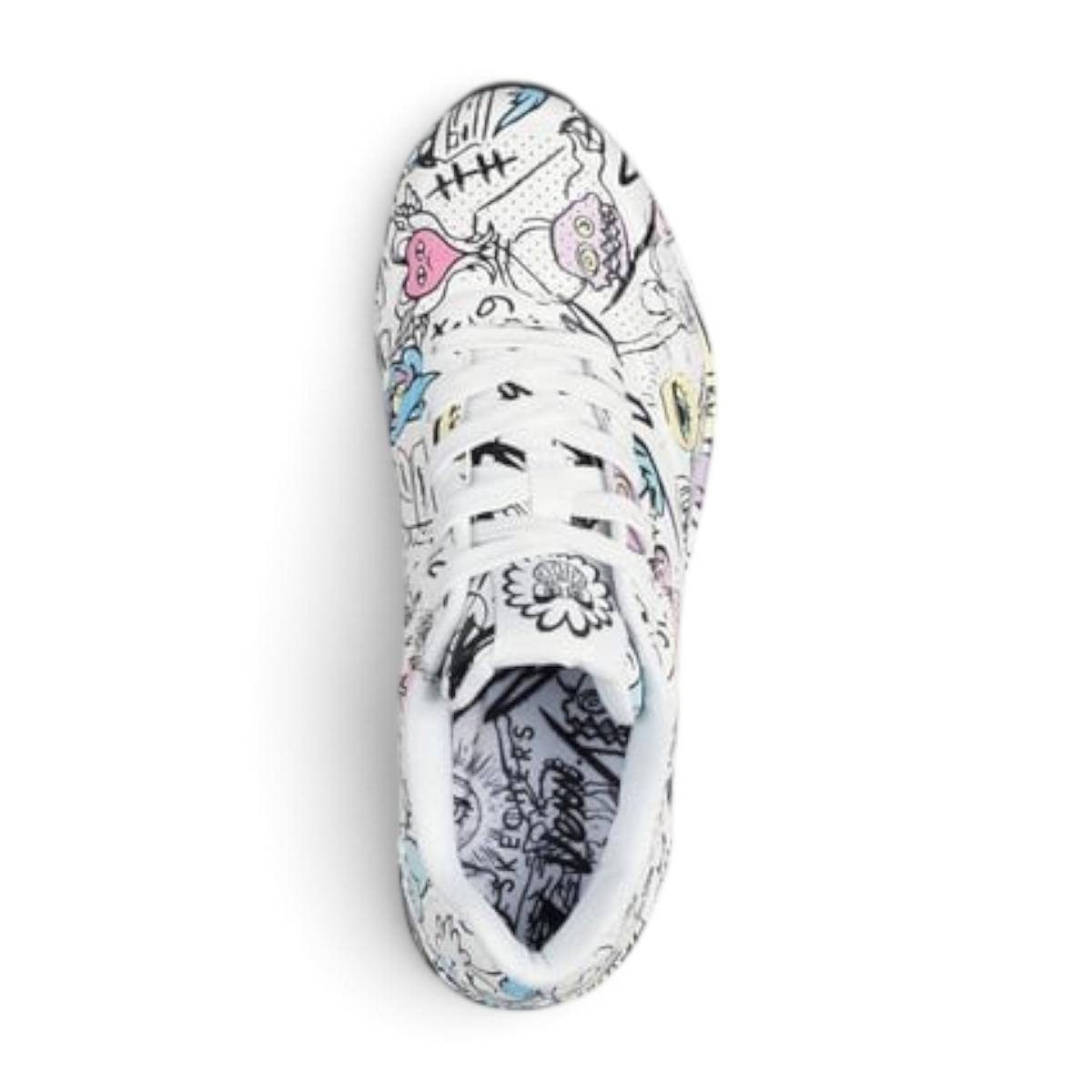 FRG UNO Process Sketch sneaker in white with multi-colored doodle-style graphic prints and white laces