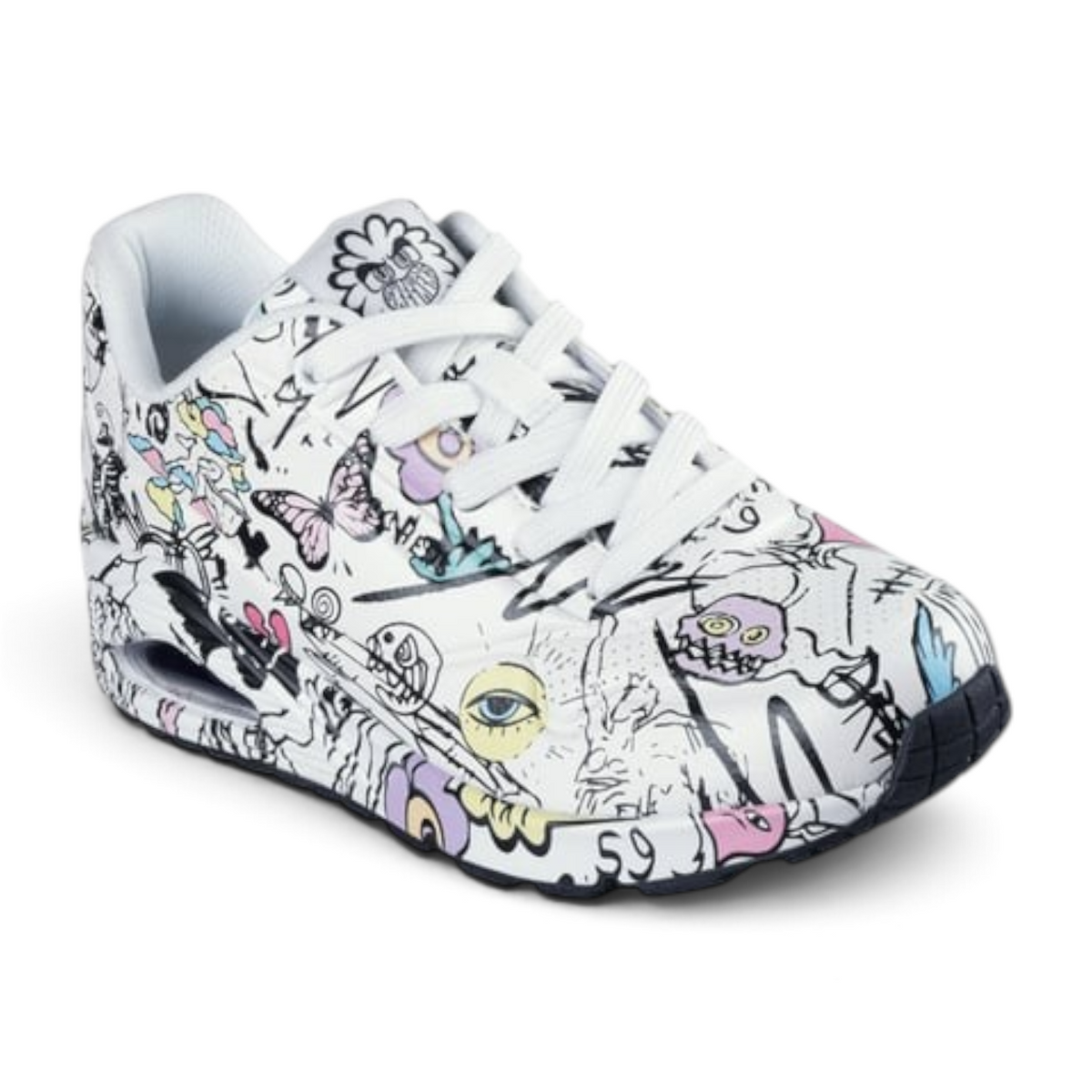 FRG UNO PROCESS SKETCH sneaker featuring a white base with black and colorful doodle-style graphic prints